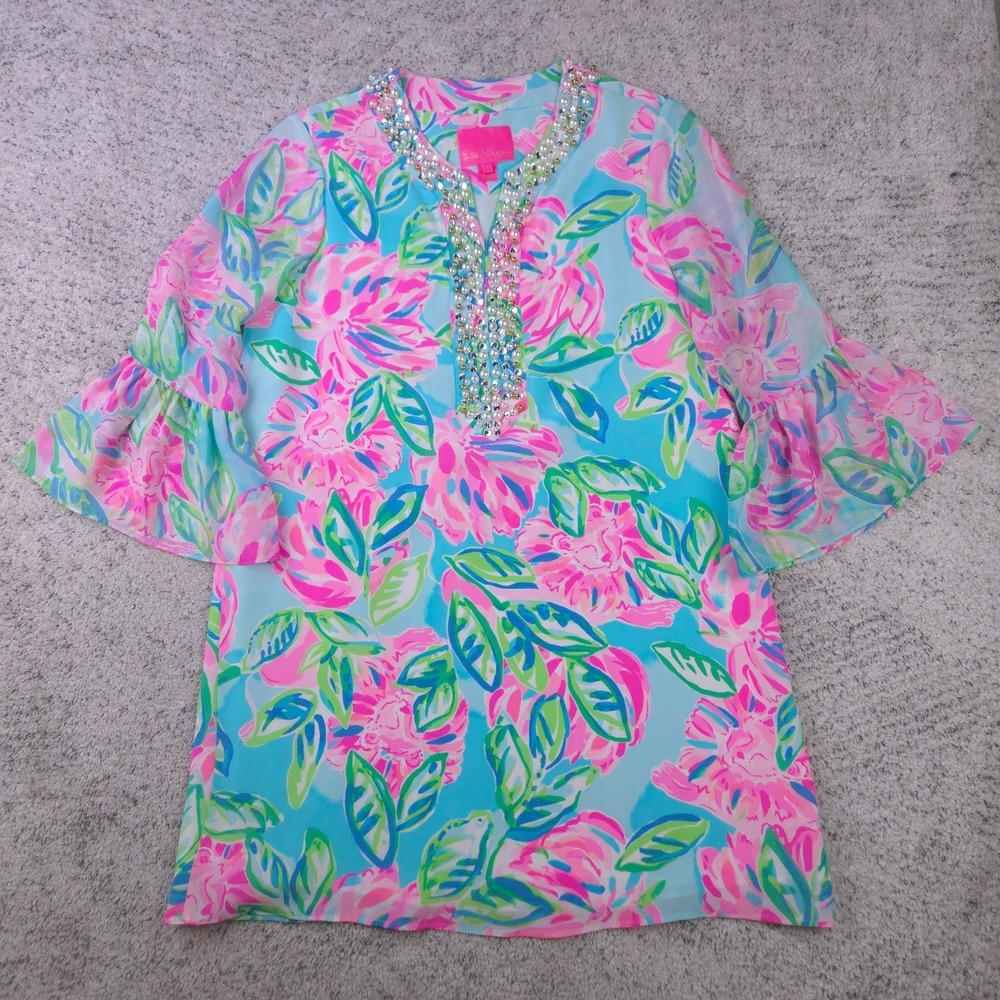 Lily Pulitzer Dress Size Small Elenora Silk Bell Sleeve Beaded Floral Pink Blue